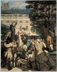 「カミーユ・デスムーラン (1760-1794) は、王宮の庭園で愛国者に談笑する」 パリでのフランス革命の最初のシーン: 1789 年 7 月 12 日、国王によるジャック・ネッカーの解任後、カミーユ・デスムーランの談話王宮の群衆