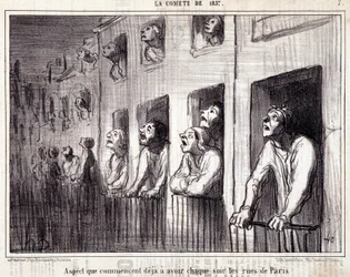 科学に関する漫画。セリーシュール「la Comete de 1857」。"すでに毎晩パリの街を持つようになったアスペクト」。Honore DAUMIER（1808-1879）の版画。新聞 "Le Charivari "からの抜粋。ディム38x25cm。Inv D - box 7 Marseille,