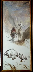 ドン・キホーテと死んだラバ ミゲル・セルバンテスの小説「ドン・キホーテ・デ・ラ・マンチャ」（El ingenioso Hidalgo Don Quijote de la Mancha）の挿絵。オノレ・ドーミエ（1808-1879）の絵画。19世紀 日1,32x0,54 m .