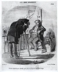 Les Bons Bourgeois - ドーミエの風刺画、ダゲレオタイプで素敵な肖像画を撮るのに最も便利な位置 - 1847年7月24日の「Charivari」に掲載。