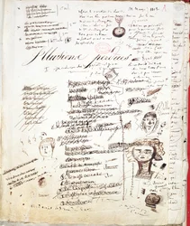 Les Illusions Perdues」のタイトルページ、1830～40年頃（紙にペンとインク