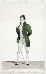 アメージングなパリ。シャルル12世のような髪型をした男性が、ウォーターグリーンのパンティと流れるようなメッシュのストッキングを履いている。ホレス・ヴェルネ（1789-1863）が1810年頃に描いた男性ファッションのイラスト。