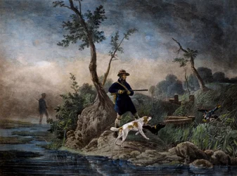 沼地での鴨狩り、ホレス ベルネ (1789-1863) の絵画に基づく彫刻