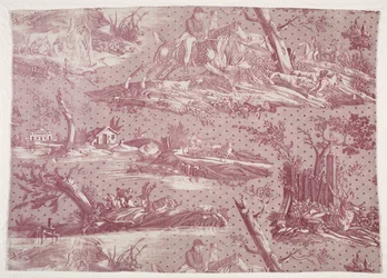 ハンティングシーンデザインの銅版画綿の断片、c。 1815年。