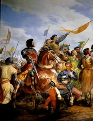 英仏戦争（1202-1214）。"the Battle of Bouvines on 27/07/1214, Philippe Auguste puts in play the crown of France" 彼女はフィリップ・オーギュストのフランス軍とオトン4世のフランドル人とウェルフ人との戦いに対抗した。フランス軍の勝利は決定的なもので、オ