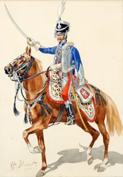 Hussard russe levant son sabre - Russian Hussar Raising his Sabre par Vernet, Horace (1789-1863), - 水彩、インク、紙、30x21 - 個人蔵
