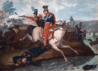 Mort du Prince Jozef Poniatowski (1763-1813) - ライプツィヒの戦いにおけるプリンス・ヨーゼフ・ポニャトウスキーの死 - Vernet, Horace (1789-1863) - 1820 - カラーリトグラフ - 40x54,4 - 個人蔵