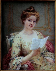 Hortense Richard (1860-after 1939) による象牙に描かれたマノンのミニチュアの手紙 19 世紀の Sun。 0,13x0,1m