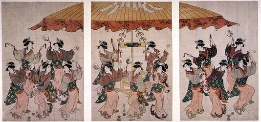 住吉踊り」三枚組、1791年頃（彩色木版画