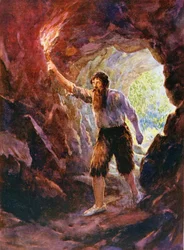 洞窟でのクルーソーの冒険、ダニエル・デフォー（1660-1731）による「ロビンソン・クルーソー」のイラスト（カラーリソ）