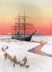 「マクマード サウンドでテラ ノヴァを降ろす」、C. Sheridan Jones 著「Brave Deeds by Brave Men」のイラスト、パブ。 1922年（石版）