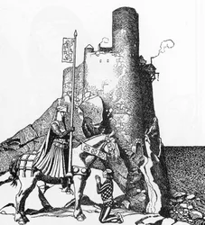 Lenda Arturiana: Tristão chegando ao Castelo de Nabon (Sir Tristam chegando ao castelo de Sir Nabon) Ilustração de Howard Pyle (1853-1911) de “A História dos campeões da mesa redonda”” 1905 Coleção particular