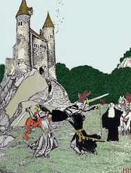 魔術師マーリンの前でのアーサー王と黒騎士の戦い。アメリカの挿絵画家ハワード・パイル（1853-1911）による挿絵