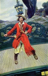 船のデッキに立つキース船長。アメリカのイラストレーター、ハワード・パイル（1853-1911）の「Book of pirates Buccaneers and Marooners of the Spanish Main」からの引用。