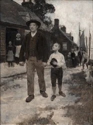 デイヴィッドはハンス・クラウトの顔を見上げた。ハワード・パイル著『The Garden Behind the Moon』より、1895年刊