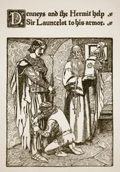 デニーズとハーミットは、ローンセロット卿の鎧を手助けします。「The Story of Sir Launcelot and his Companions」（1907年）のイラスト