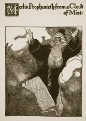 霧の雲からのマーリン預言者、「ローンセロット卿とその仲間たちの物語」、1907年のイラスト