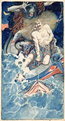 1902 年 1 月のハーパーズ マンスリー マガジンに掲載された、ハワード パイルによる「海の北民の伝説」からのトールとヒュミルの釣り (紙に水彩)