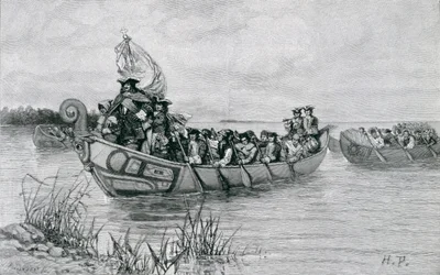 キャデラックの着陸、エドモンド・カークによる「海峡の街」のイラスト、パブ。ハーパーの雑誌で、1886