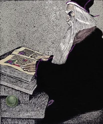 魔術師マーリン。アメリカの漫画家、ハワード・パイル（1853～1911）が「アーサー王とその騎士たちの物語」のために描いたイラスト。