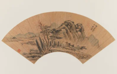 扇山水図（金紙本彩色）