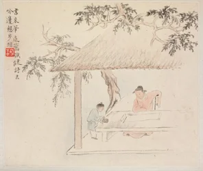 古詩を描いた風景画の帖：開いた巻物の前のテーブルに座る男。 インクを混ぜる少年