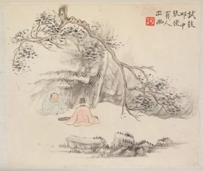 山水画帖 古詩図帖 外に二人の人物 一人は耳を傾け、もう一人は秦を奏でる