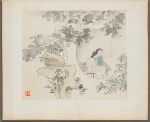 古い詩を示す風景画のアルバム：2人の女性がテーブルに座る...、1700年代。