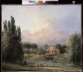 公園で。 ヒューバート ロベール (1733-1808) による絵画、キャンバスに油彩、1770-1780 年頃、フランスの芸術。 国立博物館アルハンゲリスコエ エステート、モスクワ。