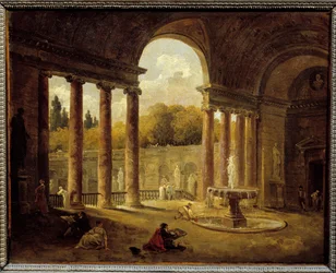 ポルティコの下の噴水。ユベール・ロベール（1733-1808）による絵画