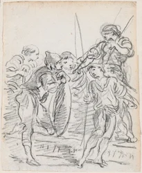 会話する男性像のグループ