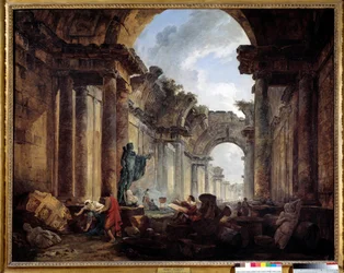 廃墟となったルーヴル美術館大回廊の想像図、ユベール・ロベール（1733-1808）作、太陽、1.14 x 1.46 m