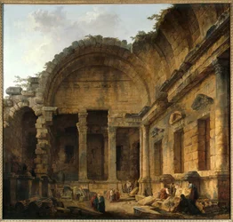 ディアーヌ神殿の内部 ニームの絵画 ユベール・ロベール（1733-1808）の作品 日。2,42 x 2,42 m. パリ。ルーヴル美術館 - ニームのダイアナ神殿の内部。ユベール・ロベール(1733-1808)作の絵画。2.42 x 2.42 m. パリ、ルーヴル美術館
