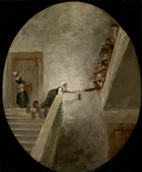 La distribution du lait a la prison Saint Lazare - サン・ラザール監獄での牛乳の分配 Robert, Hubert (1733-1808), ca 1794 - 油彩・紙, 36,8x30,2 - Private Collection