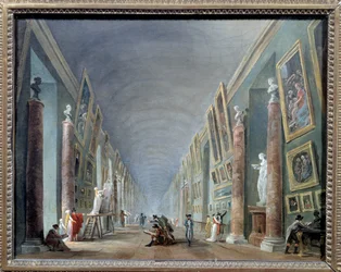 La grande galerie du Louvre between 1801 and 1805 絵画：ユベール・ロベール（1733-1808）日。0,37 x 0,46 パリ、ルーヴル美術館 - 1801年から1805年の間のルーヴル美術館の大広間。ユベール・ロベール（1733-1808）作の絵画、0.37 x 0.46。ルーヴル美術館 パリ