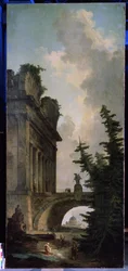 古い橋。 ヒューバート ロバート (1733-1808) の絵画、キャンバスに油彩