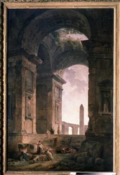 オベリスクのある遺跡。 ヒューバート ロバート (1733-1808) の絵画、キャンバスに油彩
