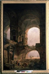 石棺。 ヒューバート ロバート (1733-1808) の絵画、キャンバスに油彩