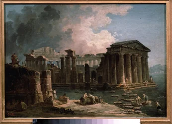 水に囲まれた寺院。 ヒューバート ロベール (1733-1808) の絵画、キャンバスに油彩、1780 年頃、フランスの芸術。 州立 A. プーシキン美術館、モスクワ。