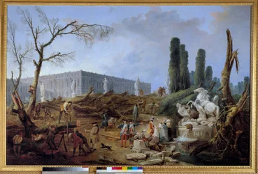 1774-1775年冬の伐採時のヴェルサイユの「アポロンの木立」の眺め」 ユベール・ロベール（1733-1808）の絵画 18世紀 日。1,24x1,91 m.