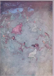 次に、すべての人が彼を取り巻くようにします。ウィンザーの陽気な妻たちのイラスト、1910年