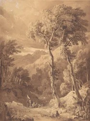 1818-29年、ペレネ・アカイア川の旅行者の一団のある山岳風景。