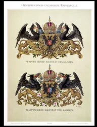 芸術家による1878年の「Heraldischer Atlas」からのフランツジョセフ1世皇帝（1830〜1916年）と皇帝エリザベス（1837〜98年）の紋章のプレート