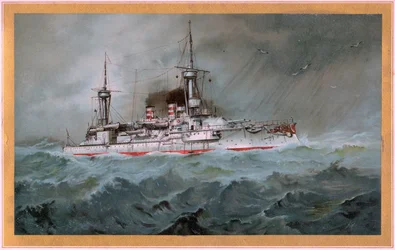SMS。 Linienschiff Brandenburg (白い盾に赤いワシの紋章、S.M.S. Wörth = 金色の盾に黒い皇帝ワシ)