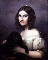 ペットの犬と少女の肖像
