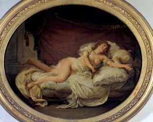Hugues Traval（1728-1785）による女性Couchee絵画1779日。 0.36 x 0.44 m タワーズ美術館