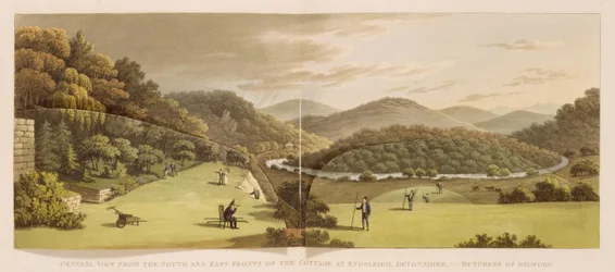 デヴォン州エンズリーのコテージの南側および東側正面の全景（前）、1816年刊行『造園の理論と実践についての断片』より