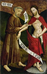 キリストと聖トーマス、Csíksomlyóの聖ペテロと聖パウロ教会のかつての高祭壇画のパネル、1480年頃（パネル上の卵のテンペラ）