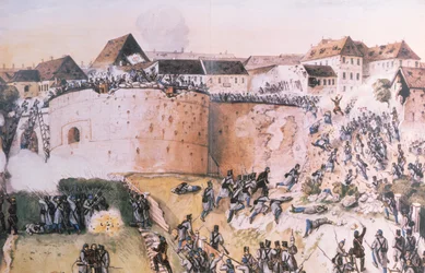 1848年のハンガリー革命：オーストリア軍が1849年5月21日にブダ城を襲撃（紙にトイレ）