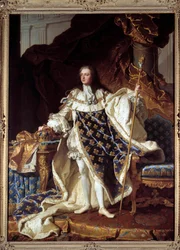 衣装を身にまとったルイ15世（1710-1774）の全身像 ヒャカンテ・リゴー（1659-1743）の絵画。1730.薄暗い。2,71 x 1,94 m. Versailles, musee du Chateau - 戴冠式の衣装をまとったルイ15世の全身像（1710年～1774年）。ヒャカンテ・リゴーによる絵画(